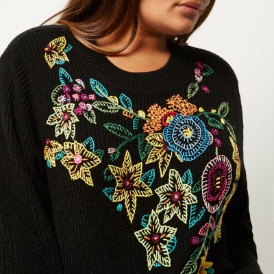 Plus black knit floral embroidered jumper